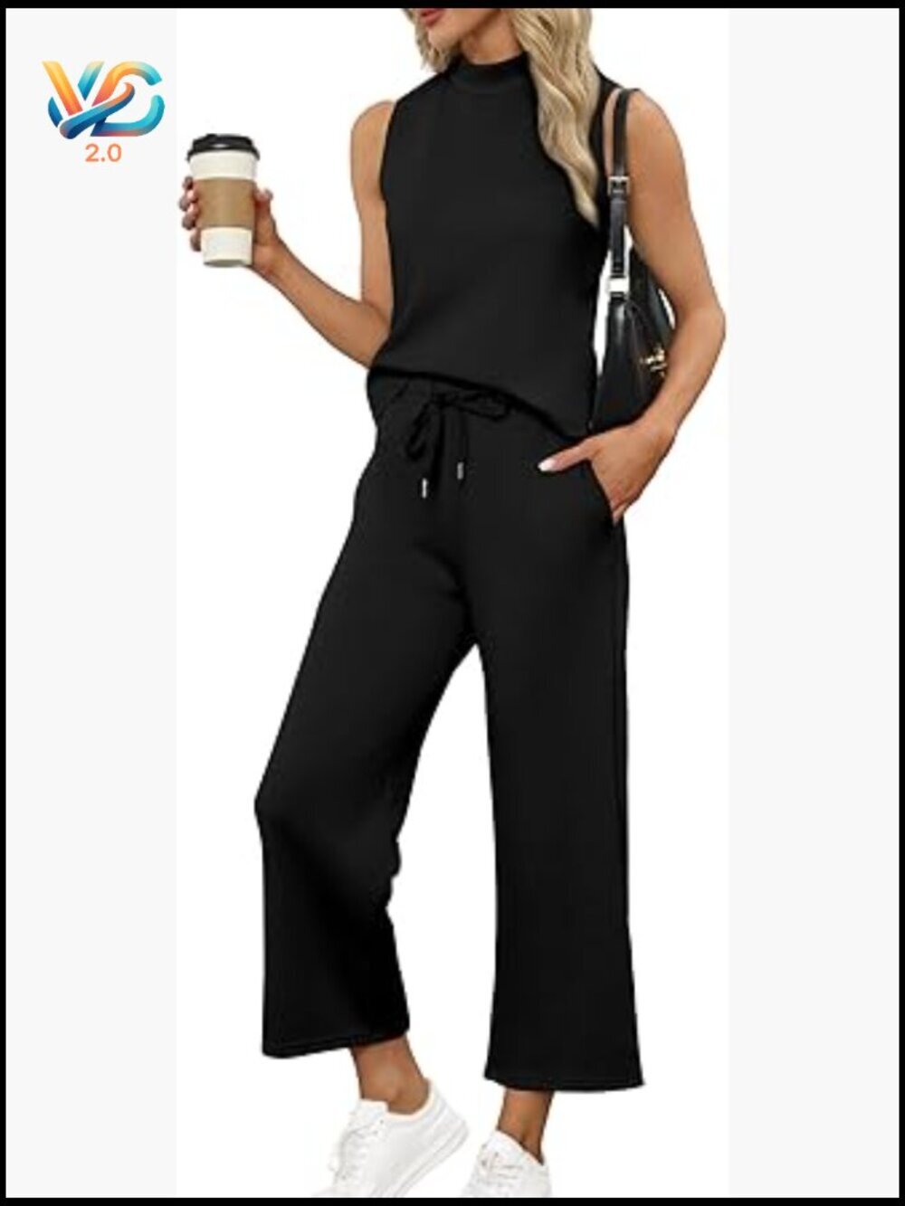 Two Piece Lounge Set Mock Neck Top Wide Leg Crop Pants Vacation Outfits